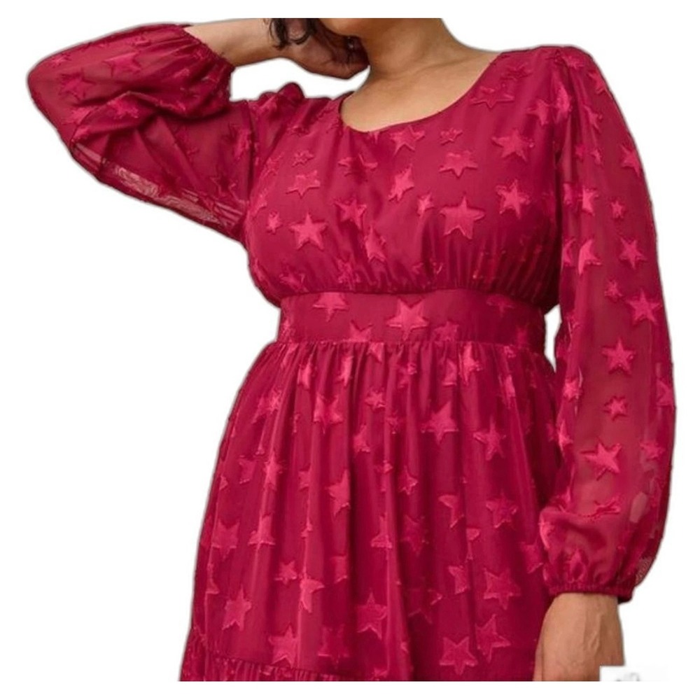New Torrid Star Long Sleeve Scoop Neck Tiered Midi Dress Red Christmas‎ Size 0